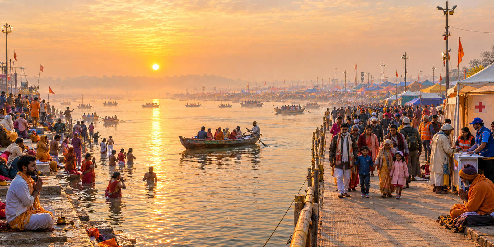 Crowded Kumbh Mela at Prayagraj near Triveni Sangam during sunrise