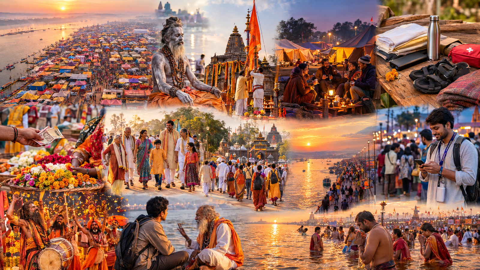 Nashik Kumbh Mela 2027 with pilgrims, sadhus, holy river, temples and colorful tents