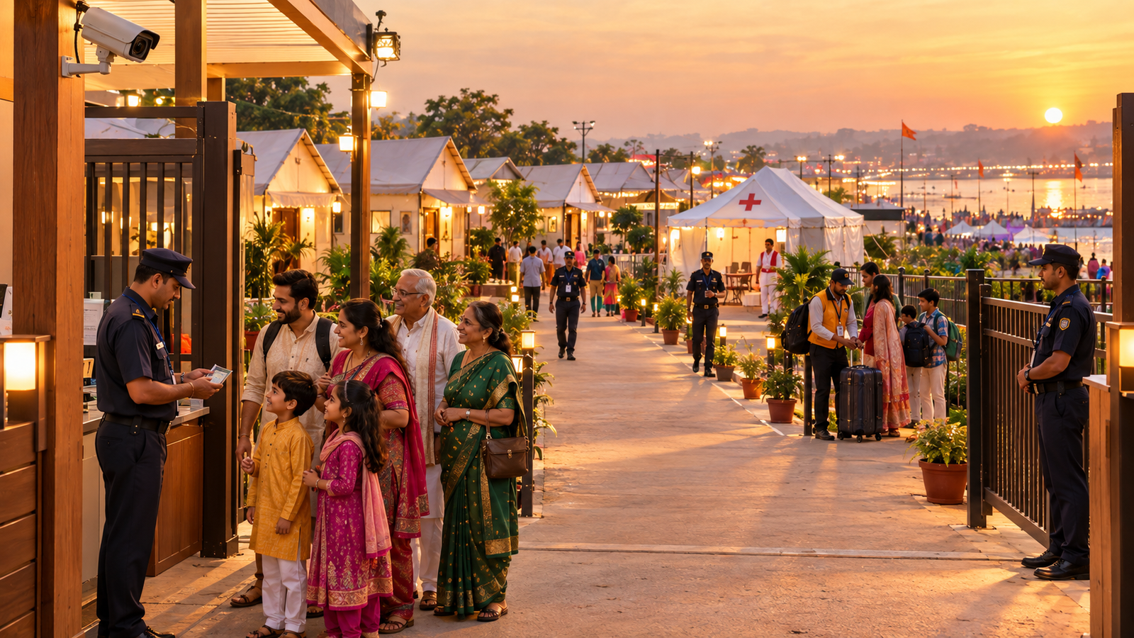Happy Indian family with children and elderly parents checking in at the secure entrance of a Kumbh Mela family camp in Nashik, with a security guard, CCTV camera, and medical tent visible.