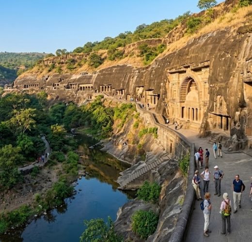 Ancient rock-cut Ajanta Caves in Maharashtra, India